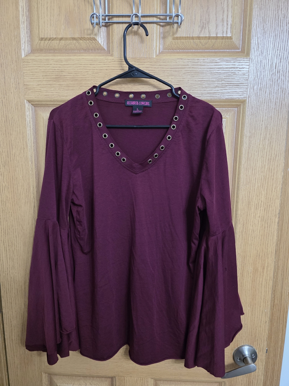 Rock & Roll Cowgirl Wine V-Neck Long Sleeve Top with Grommets